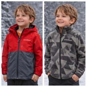 Eddie Bauer 3-in-1 Jacket Kids M 10/12 Red Gray Hooded Windbreaker Fleece Lined